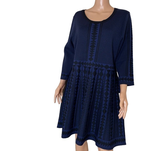 Nina Leonard Black And Blue Geometric Patterned 3/4 Sleeved Sweater Dress SZ XL - Picture 3 of 12